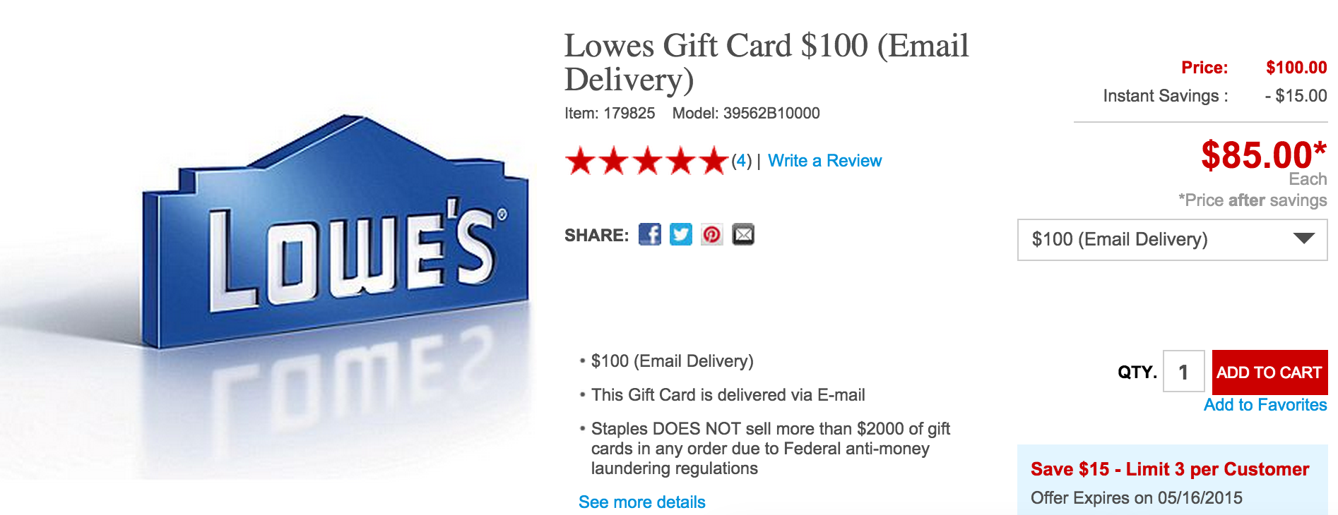Lowes $100 gift card email delivery: $85 at Staples