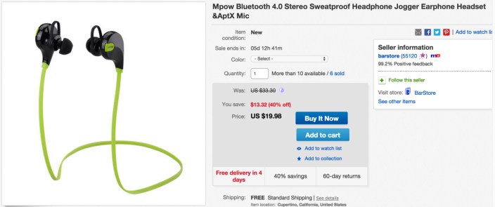 Mpow Bluetooth 4.0 Stereo Sweatproof Headphone Jogger Earphone Headset