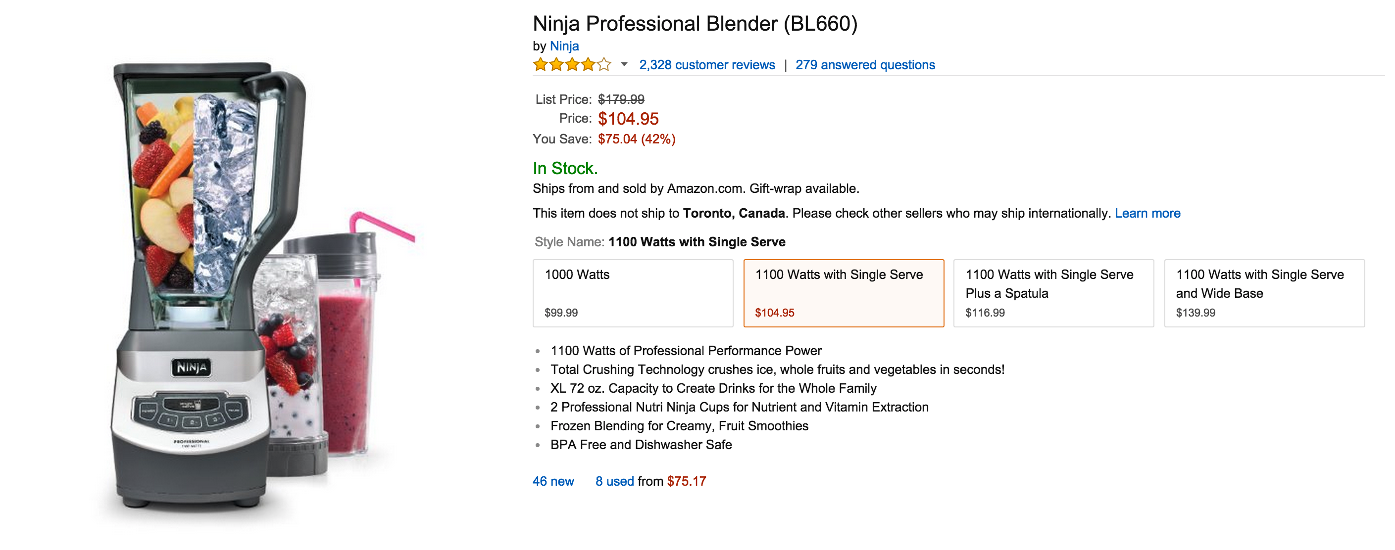 Ninja BL660 2.25 Quart 1100 Watt Professional Blender with Nutri Ninja Cup  - Black