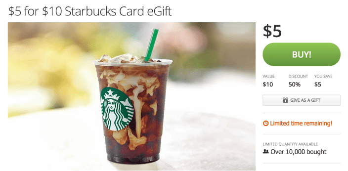 Get 50 off at Starbucks 10 gift card for 5 w/ email