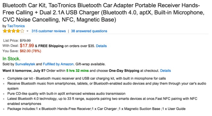 Bluetooth Car Kit, TaoTronics Bluetooth Car Adapter Portable Receiver Hands-Free Calling + Dual 2.1A USB Charger (Bluetooth 4.0, aptX, Built-in Microphone, CVC Noise Cancelling, NFC