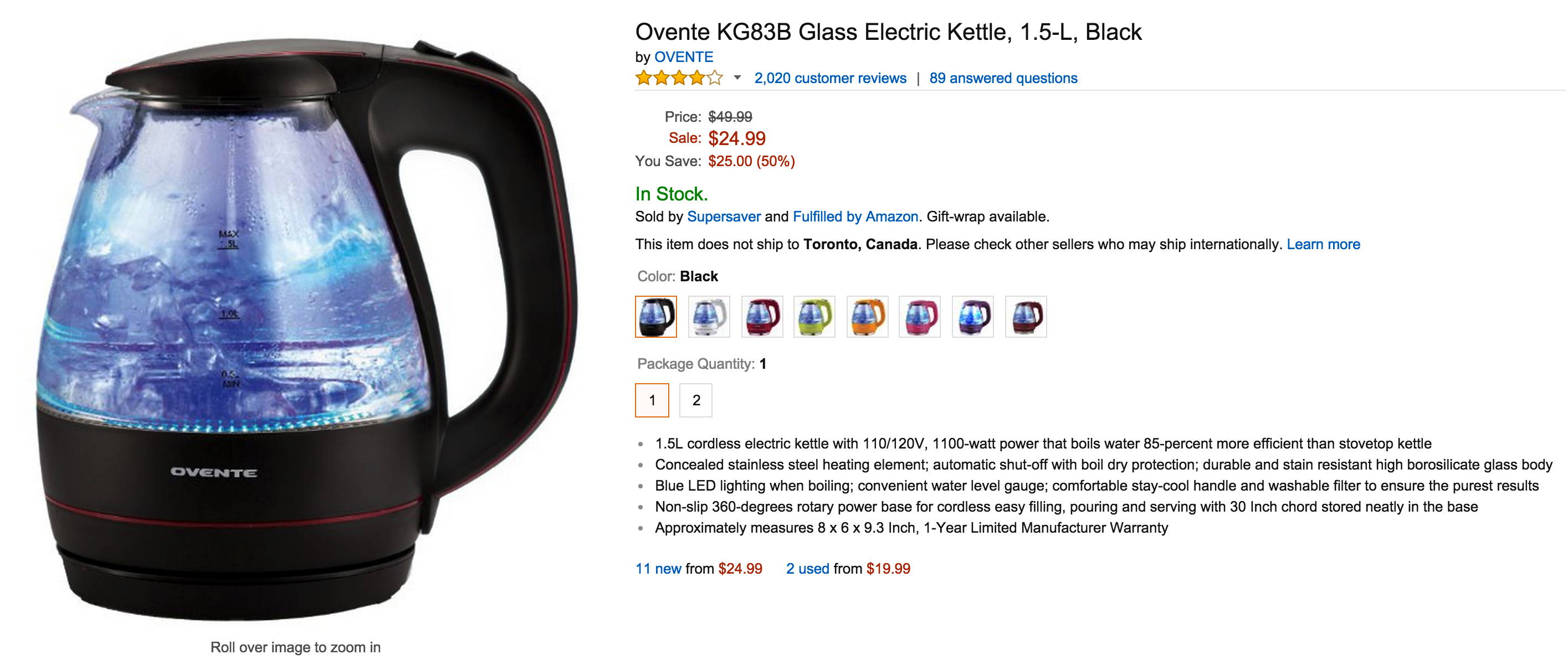 Ovente Electric Glass Kettle - 1.5 Liters - Black