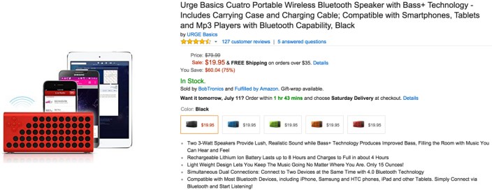 Urge Basics Cuatro Portable Wireless Bluetooth Speaker with Bass+ Technology - Includes Carrying Case and Charging Cable; Compatible with Smartphones, Tablets and Mp3 Players with Bluetooth Capability