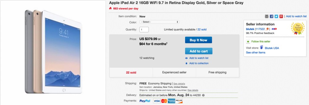 Apple iPad Air 2 16GB WiFi 9.7 in Retina Display Gold, Silver or Space Gray