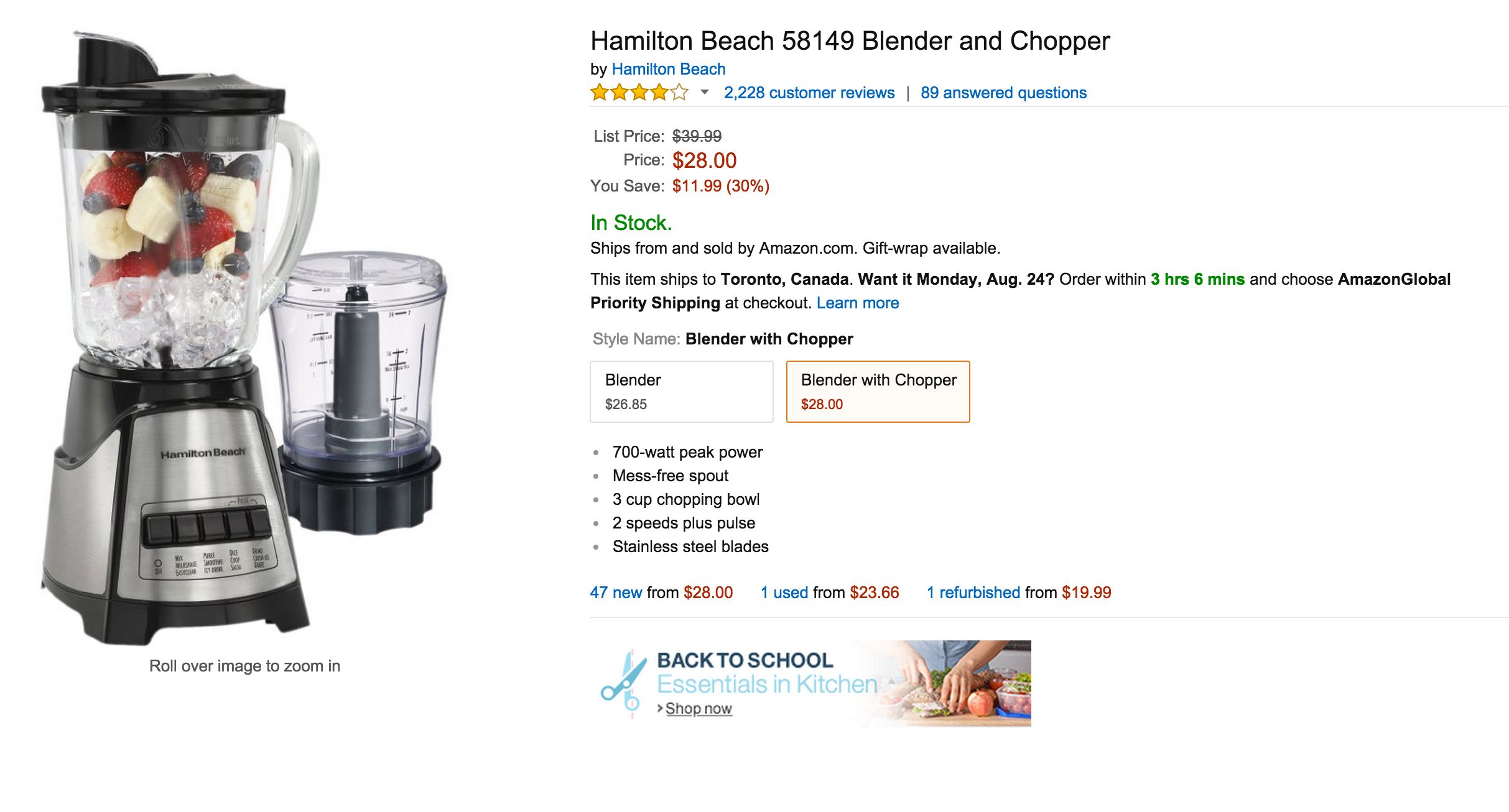 Hamilton Beach Power Elite Multi-Function Blender with Mess Free 40 oz.  Glass Jar and 3-Cup Chopper, Mini Food Processor, 700 Watts, Stainless  Steel, 58149 