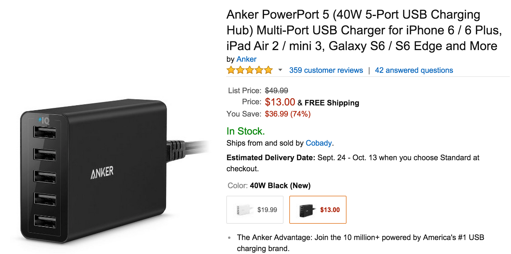 Anker PowerPort 5 40W USB Charger - 5 Ports, Black, Fast Charging