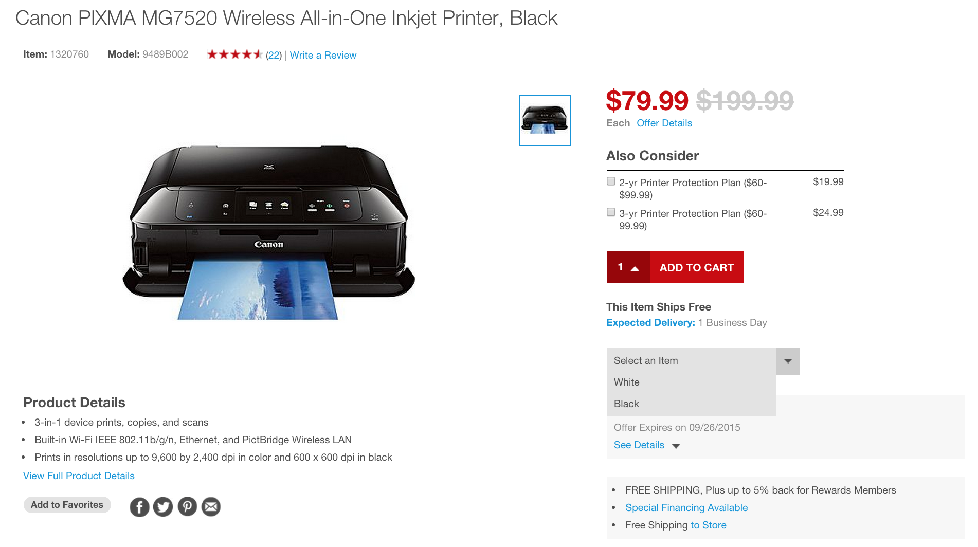 Canon PIXMA AirPrint Color InkJet Printers MG7520 80 (Reg. 100