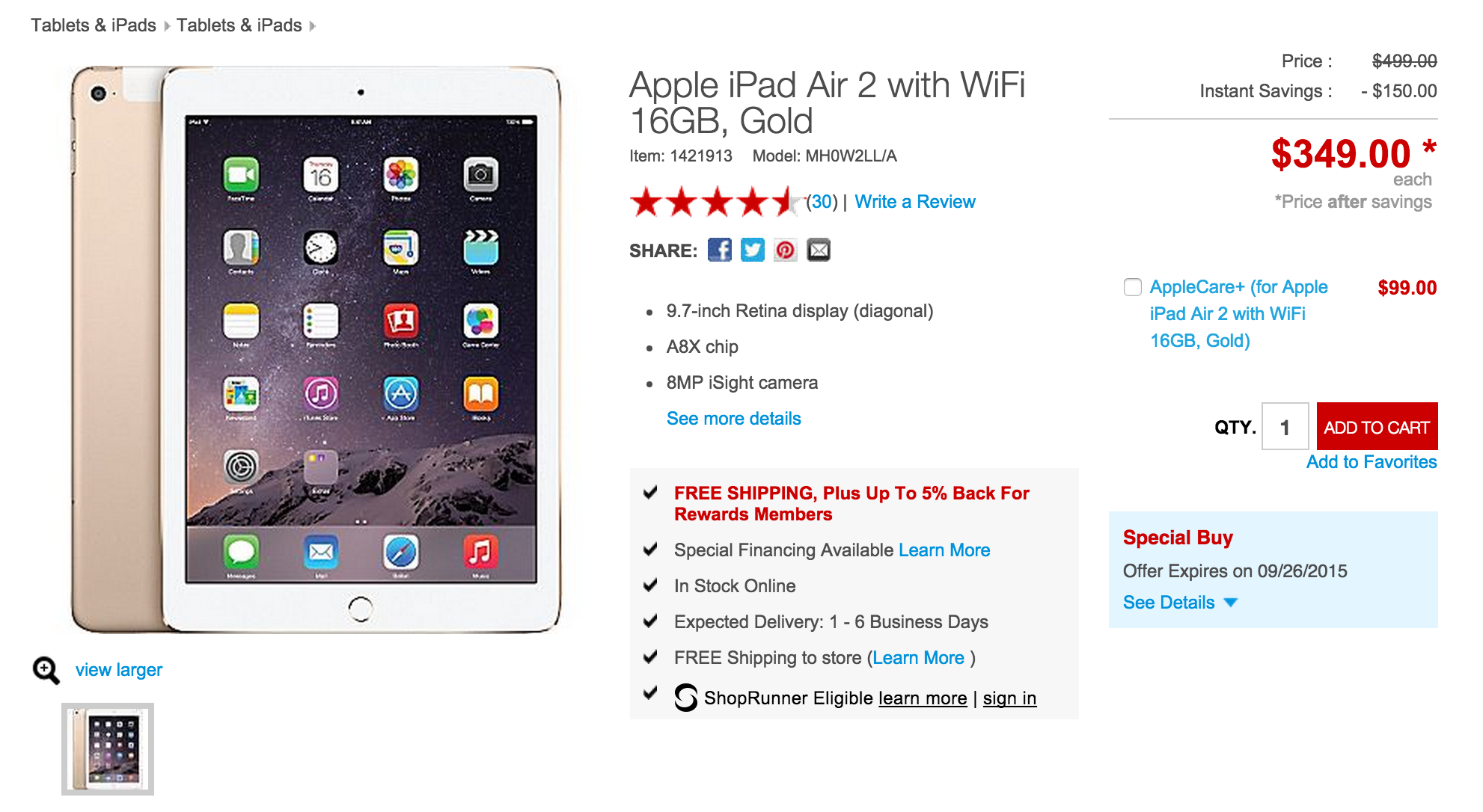 Apple iPad Air 2 Wi-Fi up to $150 off (all colors): 16GB $349, 64GB