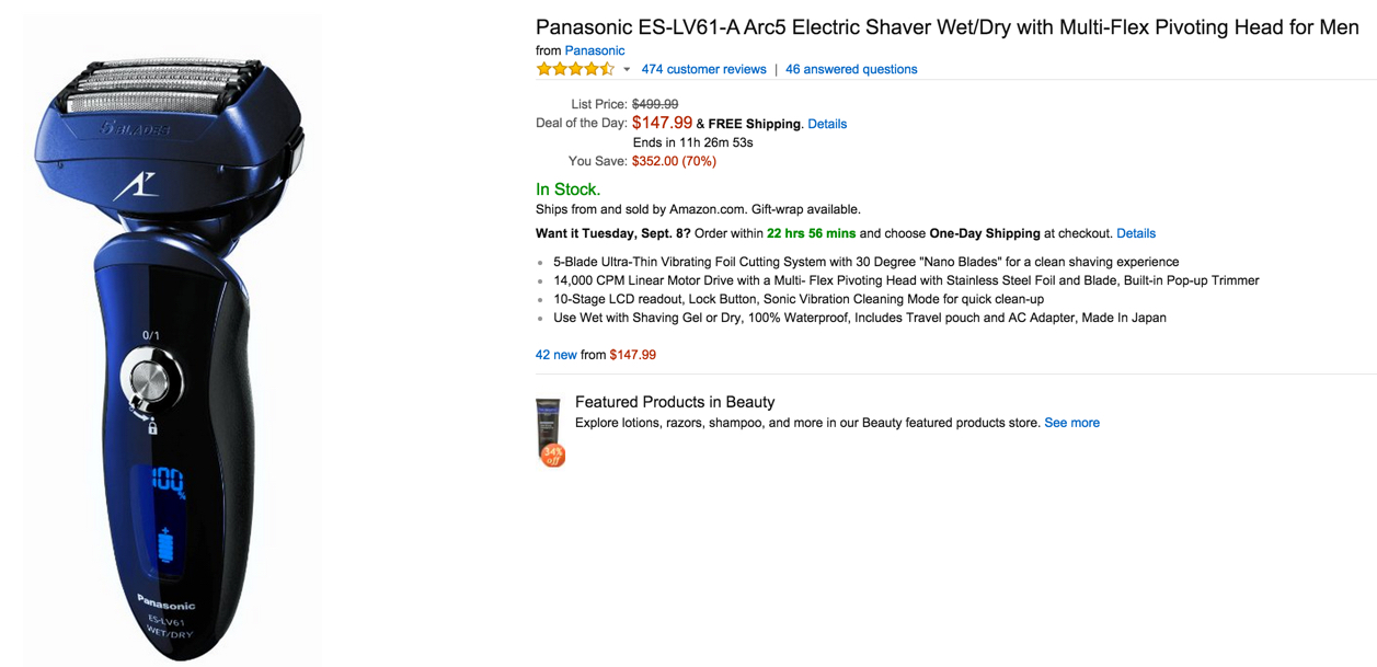 Panasonic ES-LV61-A Arc5 Electric Shaver Wet:Dry with Multi-Flex Pivoting Head for Men
