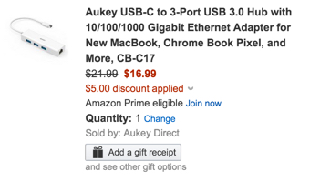 Aukey USB-C to 3-Port USB 3.0 Hub with a Gigabit Ethernet Adapter Amazon