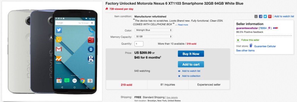 Factory Unlocked Motorola Nexus 6 XT1103 Smartphone 32GB 64GB White Blue