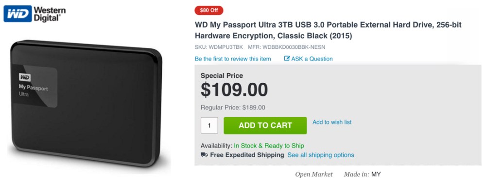 WD My Passport Ultra 3TB USB 3.0 Portable External Hard Drive, 256-bit Hardware Encryption, Classic Black