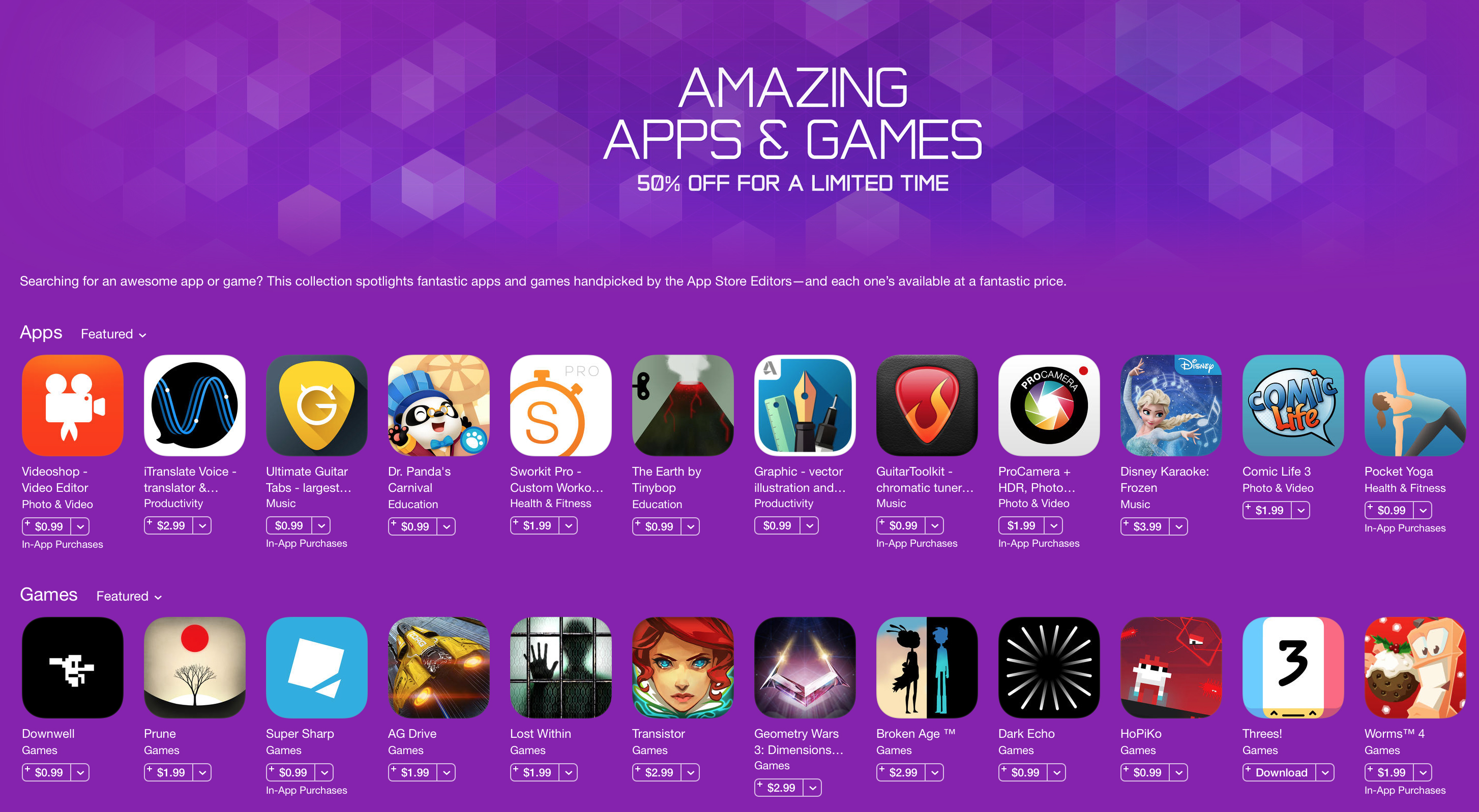 Apple's Amazing Apps & Games sale 50 off Threes!, Transistor, PACMAN, Sworkit Pro, iTranslate