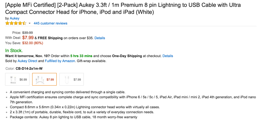 aukey 2-pk lightning cables