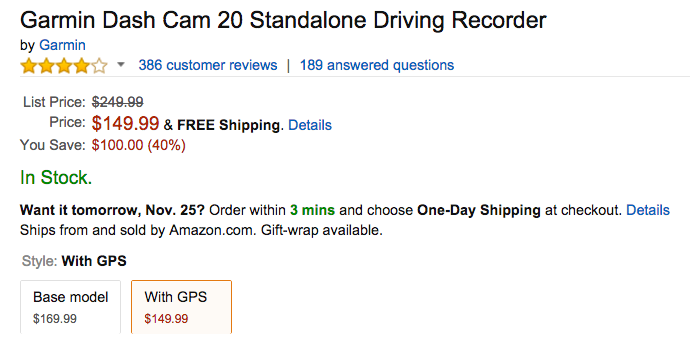 Garmin Dash Cam 20 Standalone Driving Recorder Amazon