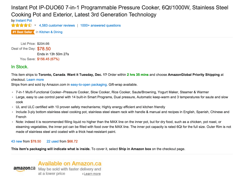 Instant Pot 7-in-1 Programmable Pressure Cooker $78.50