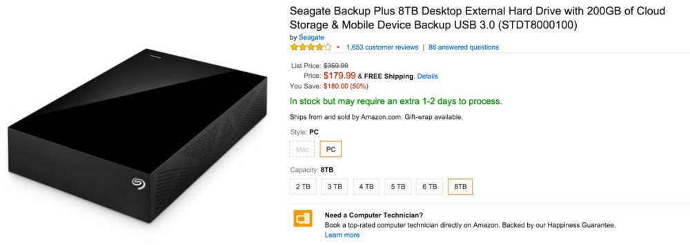 Seagate Backup Plus 8TB Desktop External Hard Drive with 200GB of Cloud Storage & Mobile Device Backup USB 3.0 (STDT8000100)
