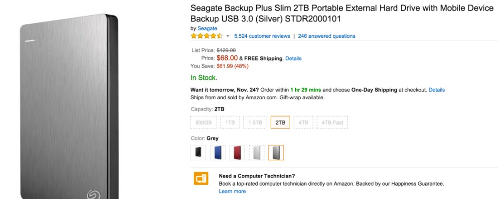 Seagate Backup Plus Slim 2TB USB 3.0 Portable External HDD in blue or silver