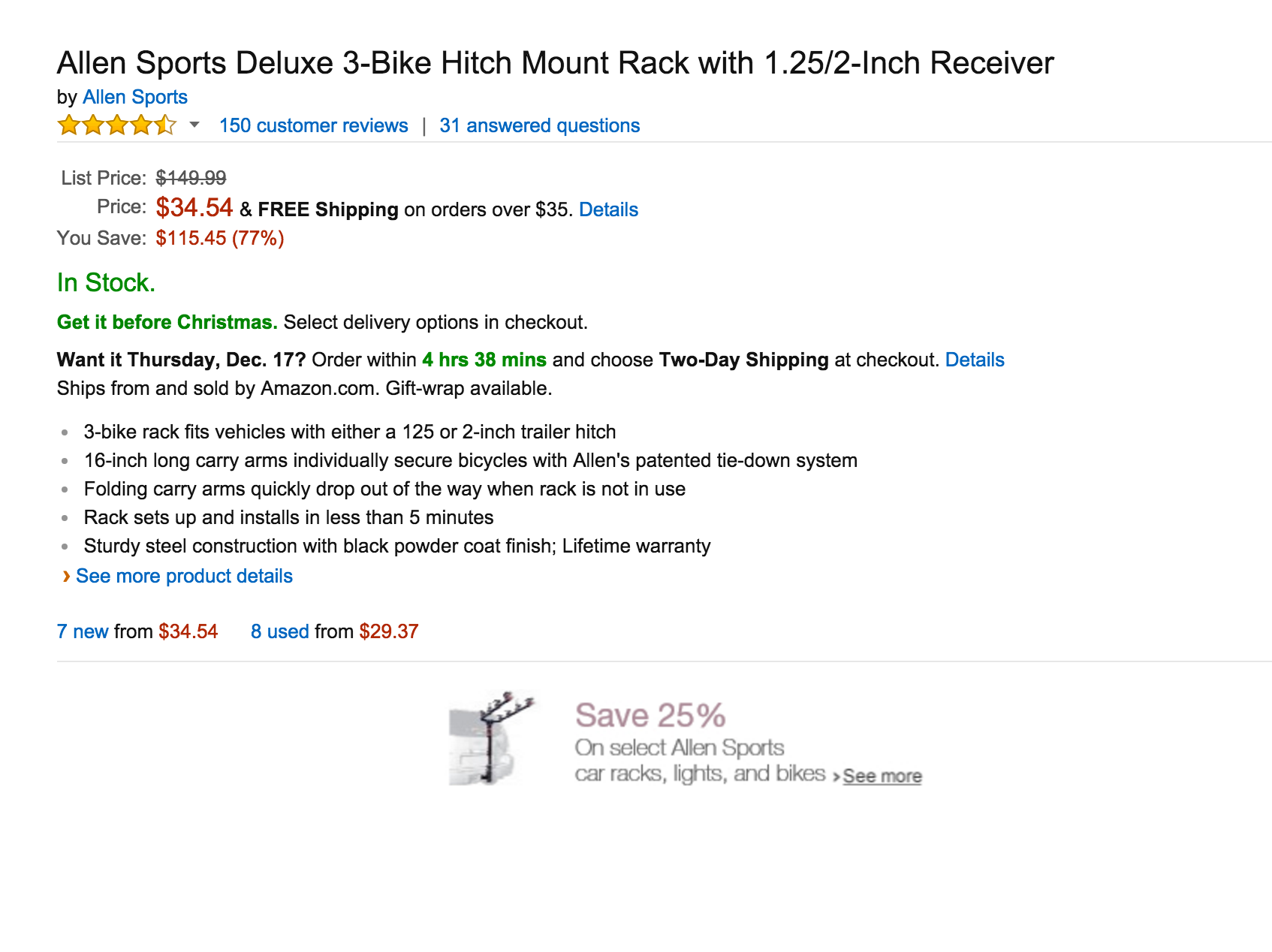 Sports/Fitness 25 off Allen Car Bike Racks from 35, 50 Sports Authority gift card + 10