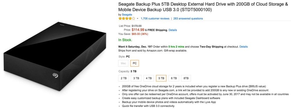 Seagate Backup Plus 5TB Desktop External Hard Drive with 200GB of Cloud Storage & Mobile Device Backup USB 3.0 (STDT5000100)
