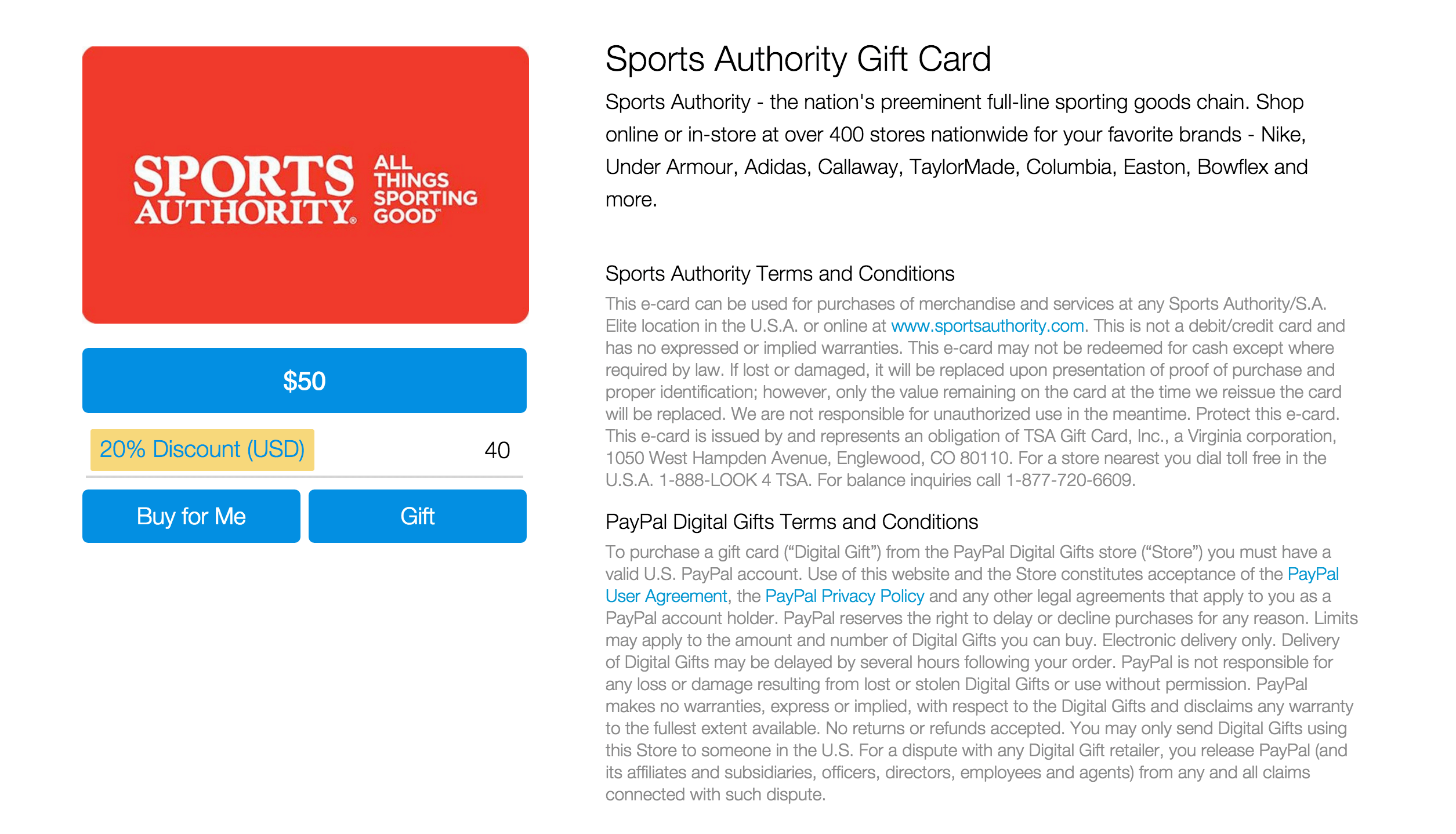 Sports/Fitness 50 Sports Authority gift card for 40 (20 off), MLB