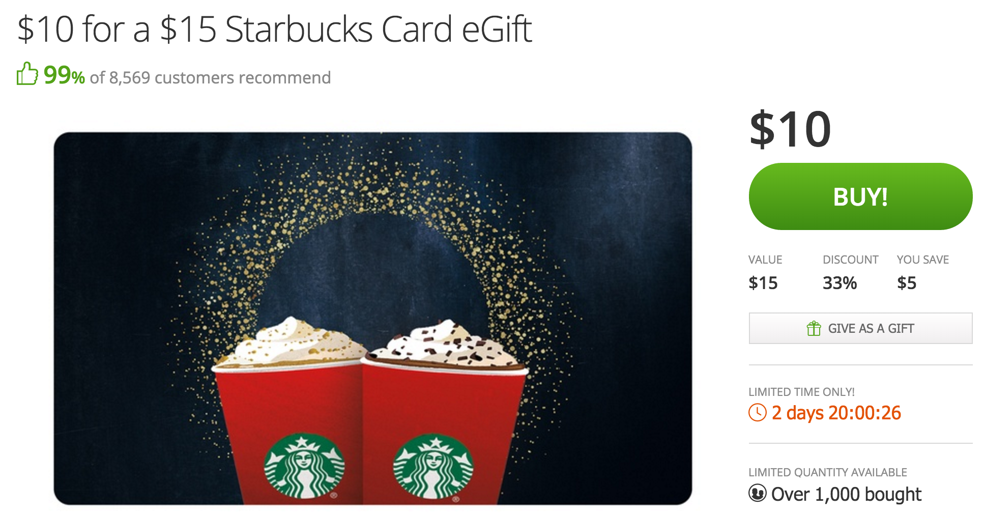 Starbucks 15 gift card for 10 save 30 on your favorite drinks!