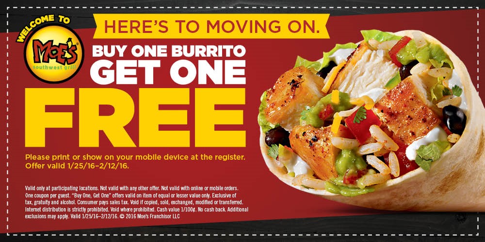 Moe’s Southwest Grill Buy One, Get One Free burrito promotion get