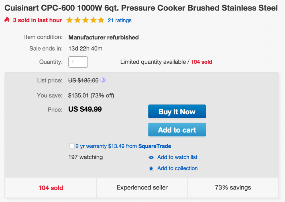  Cuisinart CPC-600 6 Quart 1000 Watt Electric Pressure Cooker  (Stainless Steel): Home & Kitchen