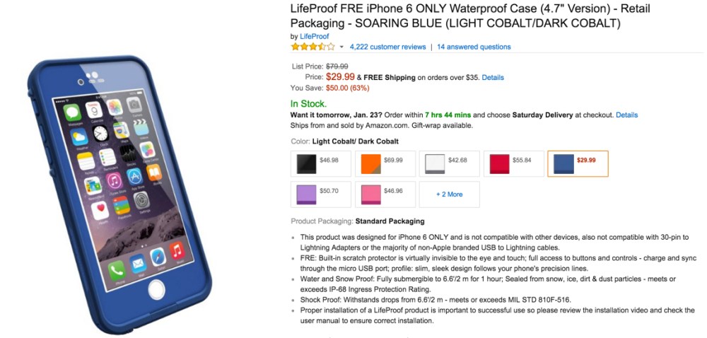 LifeProof FRE iPhone 6 ONLY Waterproof Case (4.7%22 Version) - Retail Packaging - SOARING BLUE