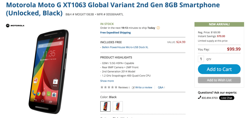 Motorola Moto G XT1063 Global Variant 2nd Gen 8GB 00506NARTL B&H 2016-01-18 14-40-46