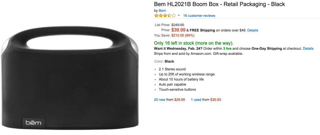 White Bem HL2021A Boom Box Retail Packaging 