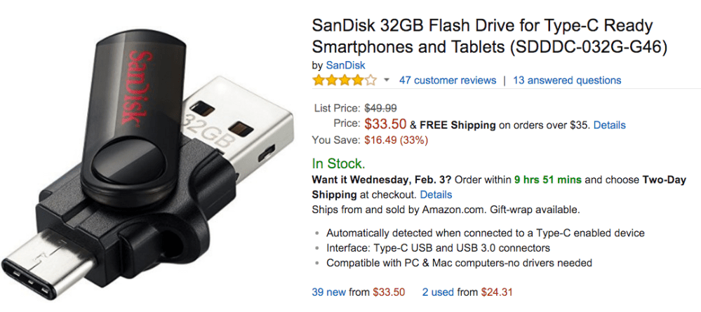 SanDisk 32GB Flash Drive for Type-C Ready Smartphones and Tablets Amazon