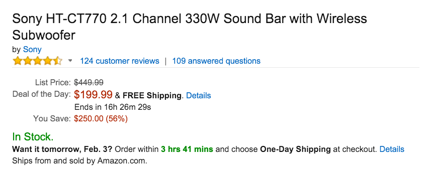 Sony HT-CT770 2.1 Channel 330W Sound Bar with Wireless Subwoofer Amazon