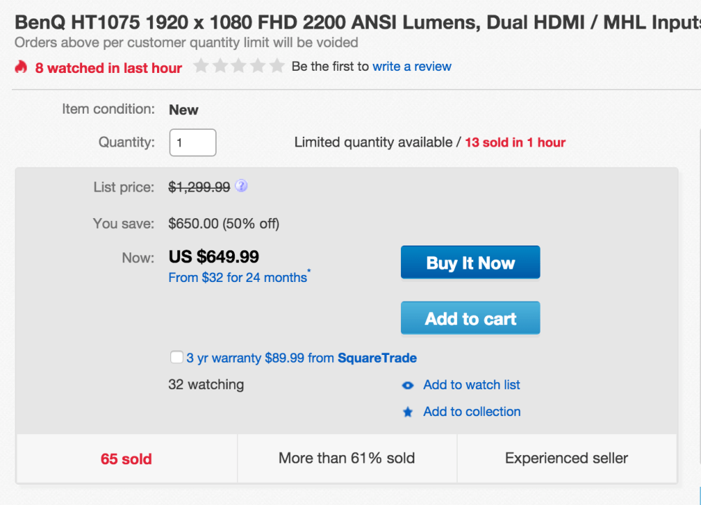 BenQ 1920 x 1080 FHD 2200 ANSI Lumens, Dual HDMI : MHL Inputs (HT1075)-sale-02