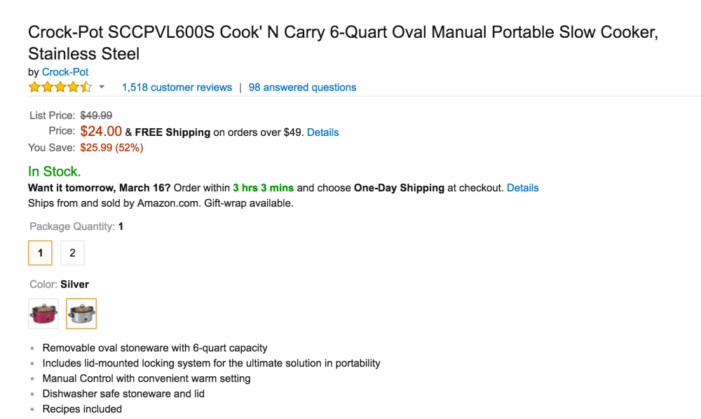 Crock-Pot Cook & Carry SCCPVL600-S Slow Cooker - 6 qt - Silver