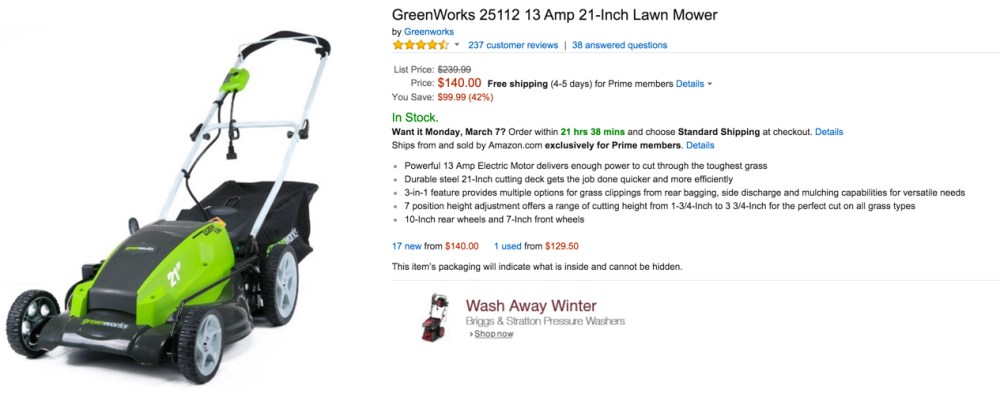 GreenWorks 13 Amp 21-Inch Lawn Mower