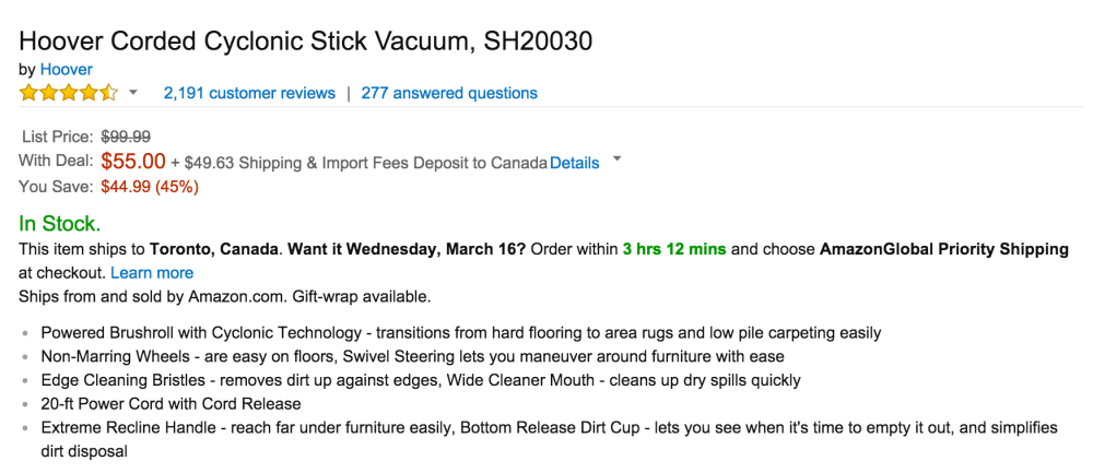Hoover Corded Cyclonic Stick Vacuum, SH20030-2