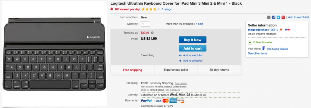 Logitech Ultrathin Keyboard Cover for iPad Mini 3, 2, & 1