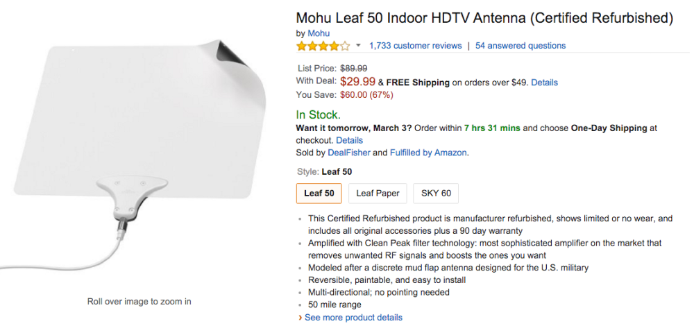 Mohu Leaf 50 Indoor HDTV Antenna