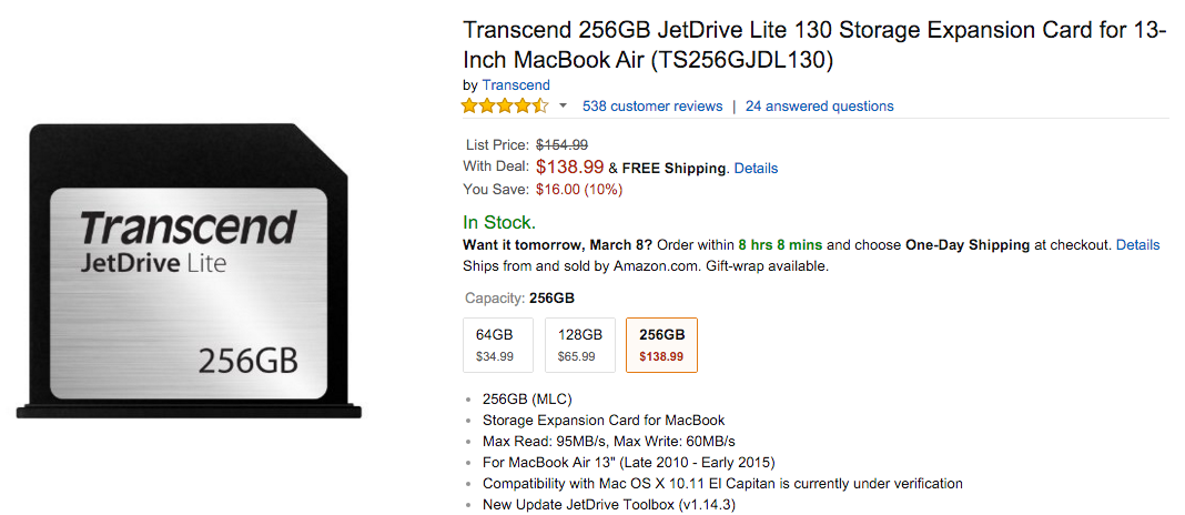 Transcend 256 GB JetDrive Lite extra Speicher-Erweiterungskarte für MacBook Air 13''; angepasst und abschließend mit dem Karten-Slot , TS256GJDL132