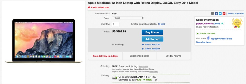 Apple MacBook 12-Inch Laptop with Retina Display, 256GB, Early 2015 Model