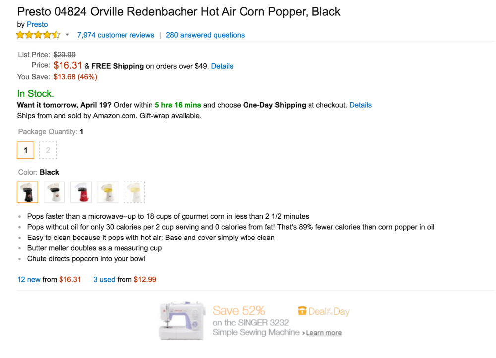 Presto Orville Redenbacher Hot Air Corn Popper in black (04824)