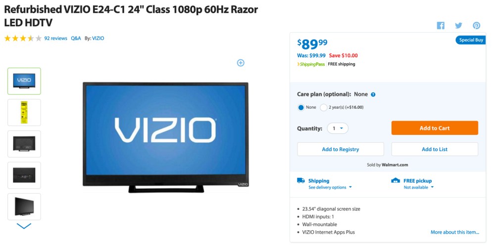 Refurbished VIZIO E24-C1 24%22 Class 1080p 60Hz Razor LED HDTV