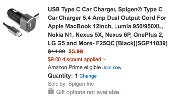 Spigen USB-C Car Charger 5.4 Amp Dual Output Cord