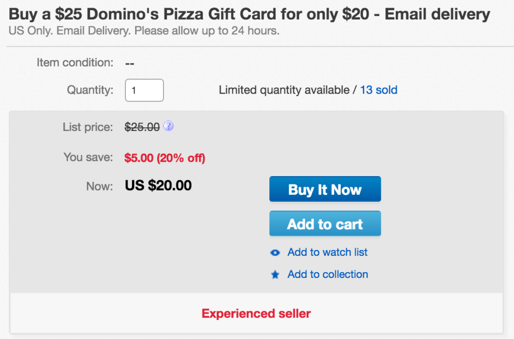 Domino's pizza gift card