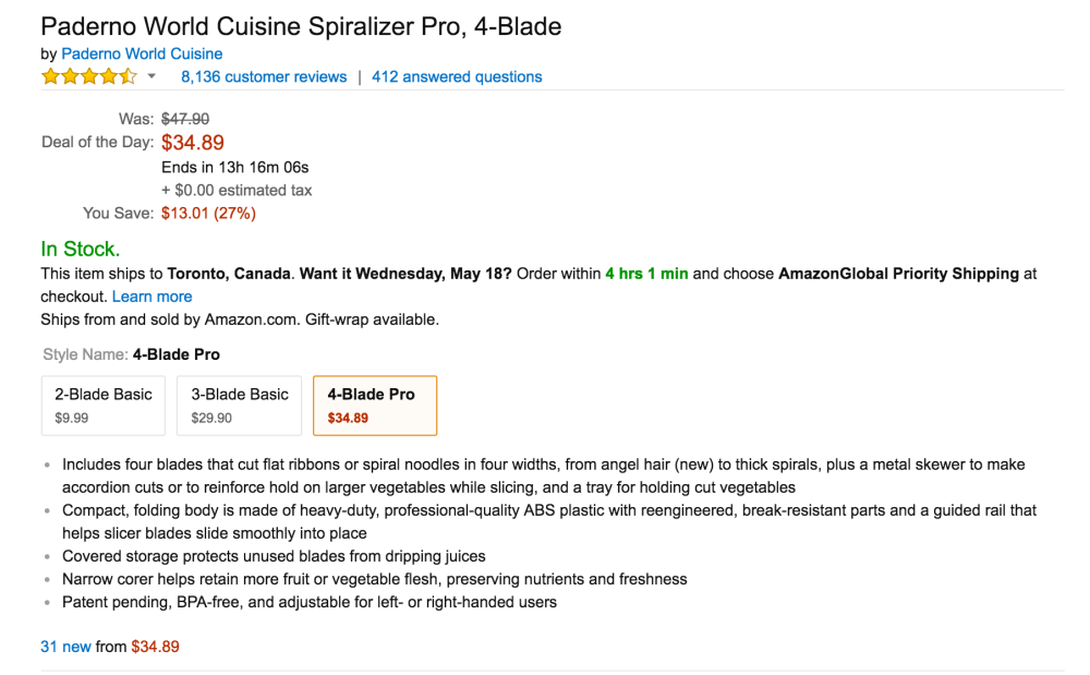 Paderno World Cuisine Spiralizer Pro 4-Blade