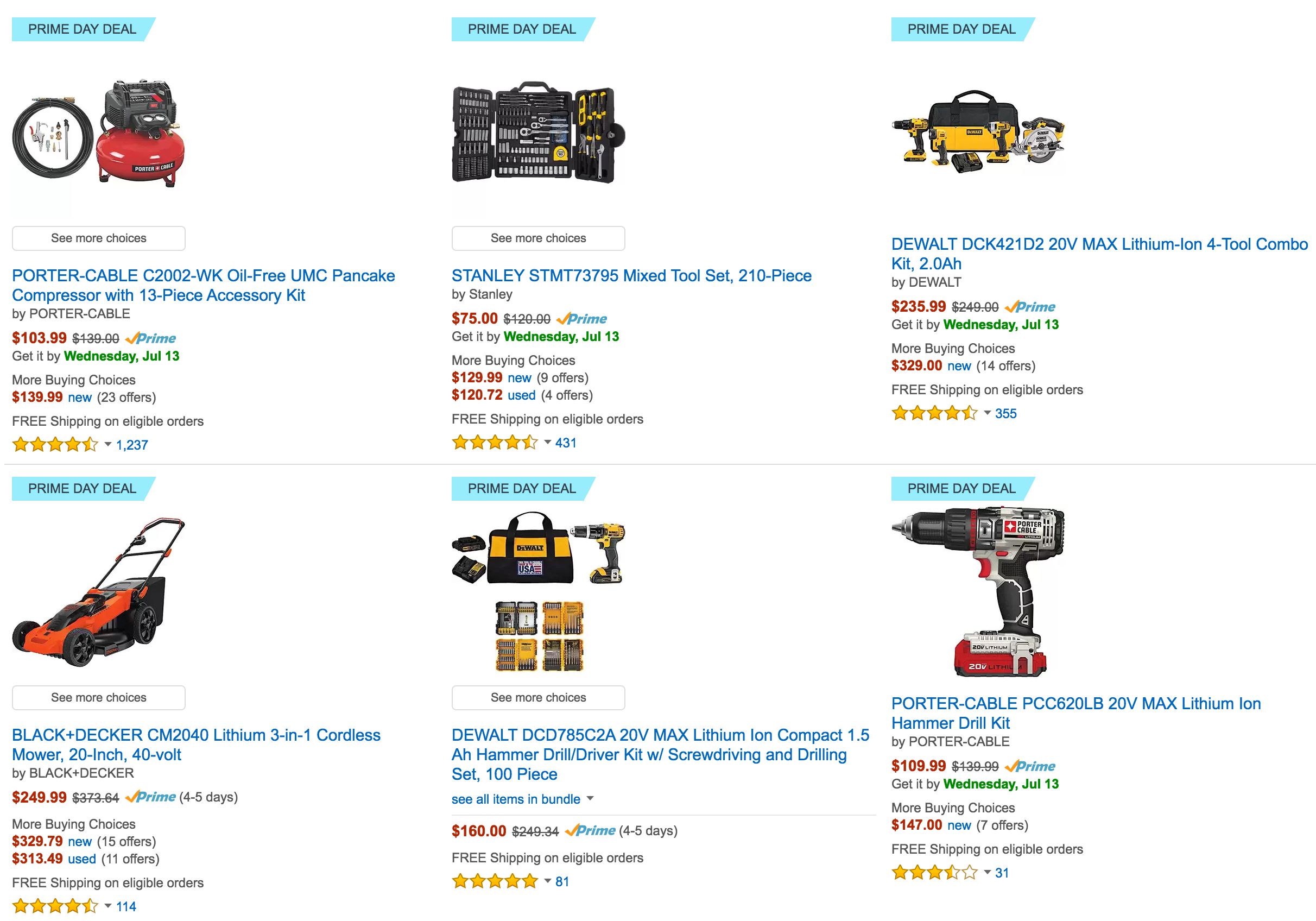 Prime Day Home Improvement Drill sets 110+, Electric Mowers 250, 210 Piece Tool set 75, Air