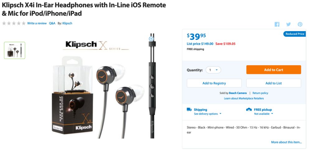 Klipsch X4i In-Ear Headphones with In-Line iOS Remote & Mic for iPod:iPhone:iPad