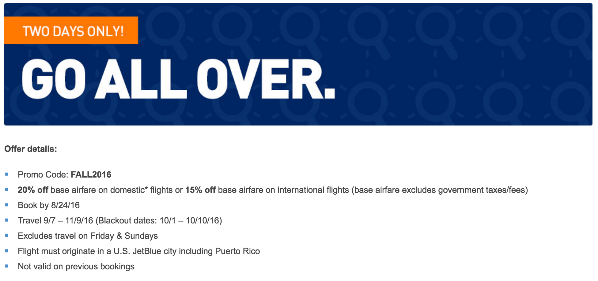 Today only, save 20 on your next JetBlue domestic flight with this