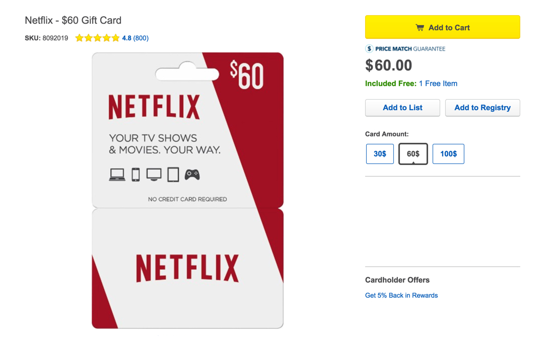 Free Money! Buy a $60 Netflix Gift Card and get a free $5 ...